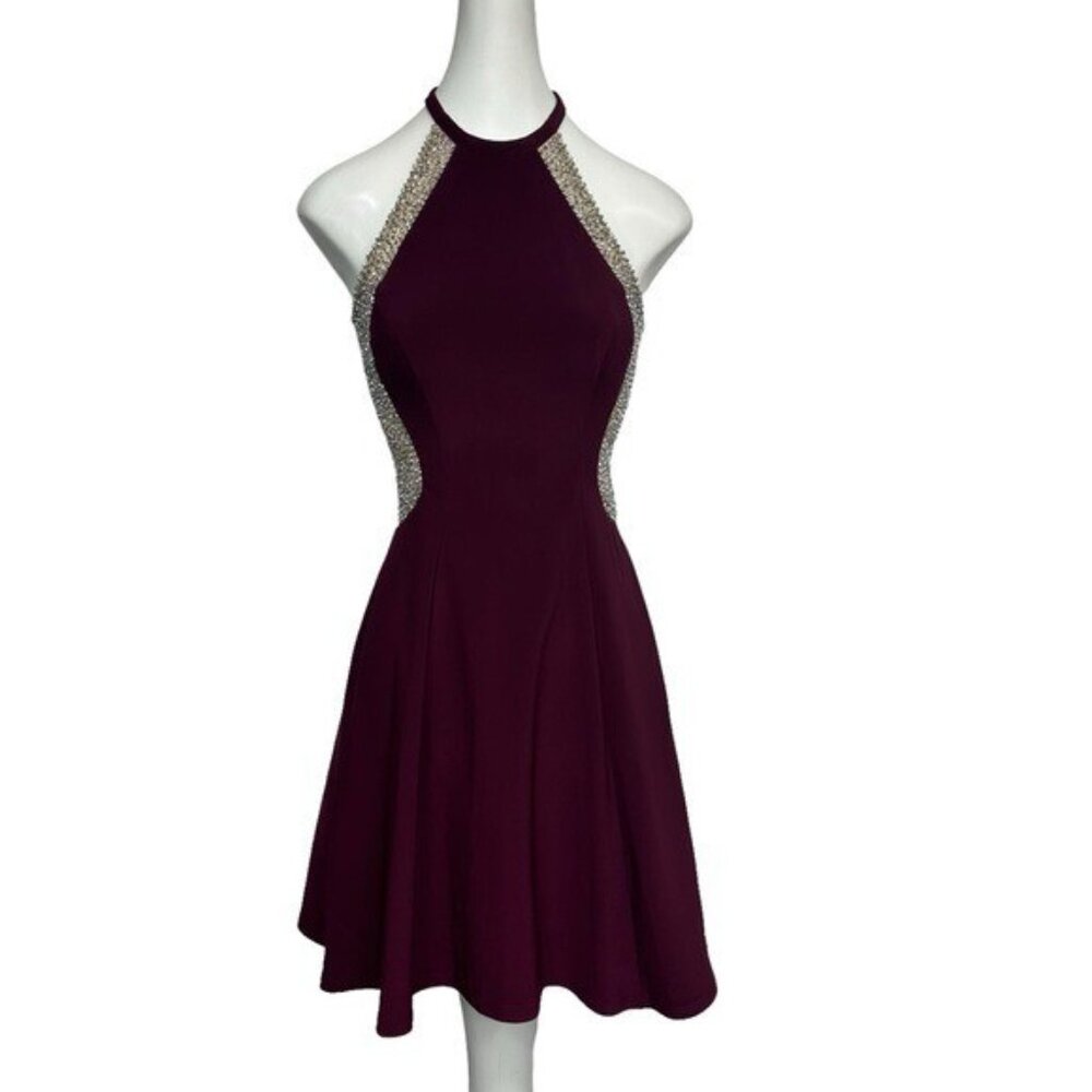 Xscape 4 Illusion Dress Cutaway Back Sleeveless Wine High Neck Caviar Beading